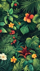 Tropical Jungle Illustration with Lush Greenery and Vibrant Flowers