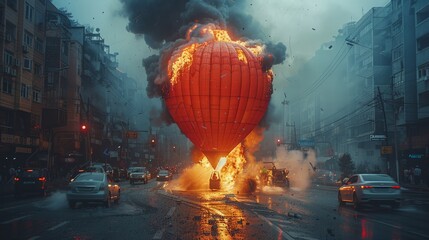 Obraz premium Witness the dramatic landing of a balloon on a busy city street, only to be met with a fiery ignition mid-flight.