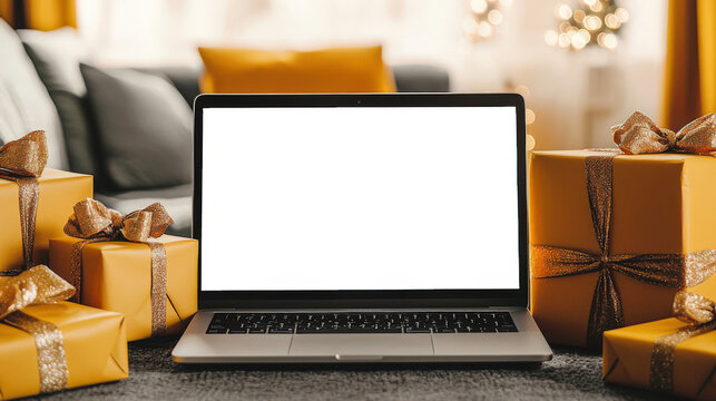 A laptop mockup surrounded by yellow gift boxes with gold ribbons and bows in a bright, cozy, stylish living room. An open laptop with a blank screen for website advertising - Powered by Adobe