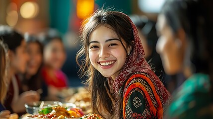 Obraz premium A happy woman in a headscarf smiles with friends, sharing a joyful meal together.