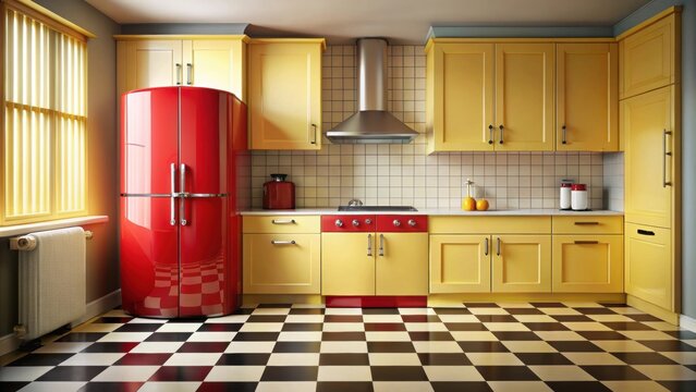 Vintage kitchen with yellow cabinets, red refrigerator, and checkered floor evoking a 1950s diner feel