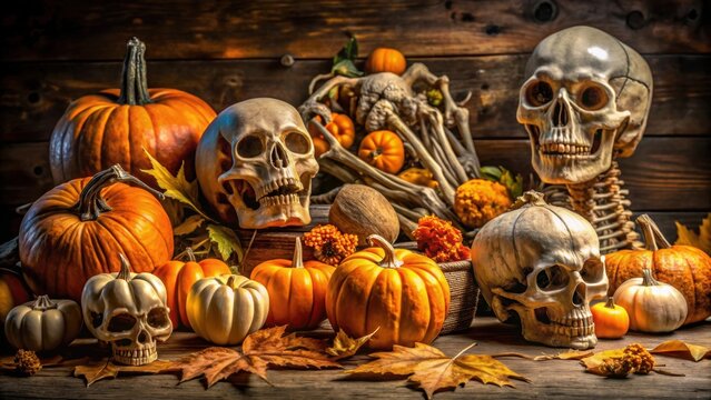 Scary Halloween decor featuring skulls, skeletons, and pumpkins , Halloween, decoration, spooky, haunted, eerie, creepy, macabre