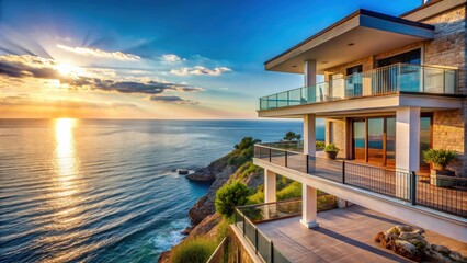 Obraz premium Beautiful coastal house with balcony overlooking blue sea, Coastal, house, balcony, blue sea, ocean, beach, scenic