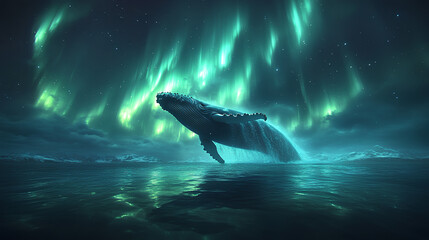 Fototapeta premium Majestic Humpback Whale Breaching Under the Vibrant Northern Lights Illuminating the Ocean