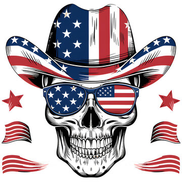 Skull wearing American flag-themed cowboy hat and sunglasses with stars and stripes. Vector illustration with red stars and flags isolated on black background. Patriotic design for print and posters.