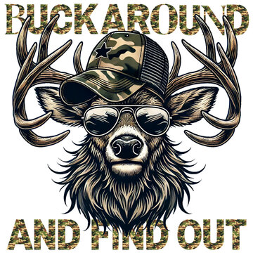 Deer with antlers wearing camo baseball cap and aviator sunglasses, with text 'Buck Around and Find Out' in camouflage lettering. Detailed cartoon illustration on white background. Hunting and outdoor