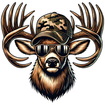 Deer wearing camouflage hat and sunglasses with large antlers. Hunting-themed illustration for posters and t-shirts.