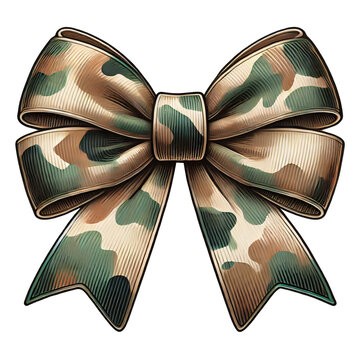 Camouflage pattern bow illustration isolated on black background. Military-themed design for decorations and print.