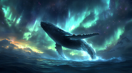 Fototapeta premium Majestic Humpback Whale Breaching Under the Vibrant Northern Lights Illuminating the Ocean