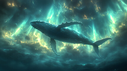 Fototapeta premium Majestic Humpback Whale Breaching Under the Vibrant Northern Lights Illuminating the Ocean