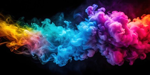 Fototapeta premium Colorful swirling smoke clouds in neon light on dark background, neon, colorful, smoke, clouds, swirl