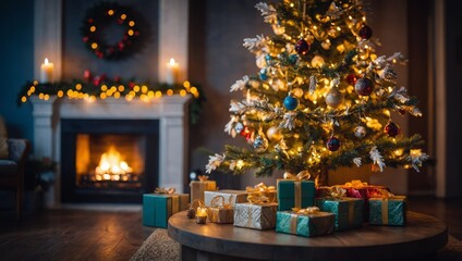 interior christmas. magic glowing tree, fireplace, gifts