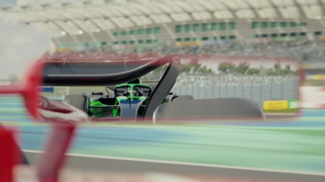 Close-up of the rear view mirror of ageneric formula one race car showing the chasing race car. 3d animation rendering