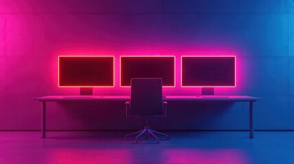 Advance Security Data Management Planning, A modern workspace featuring three illuminated monitors in vibrant colors, perfect for tech and creative professionals.