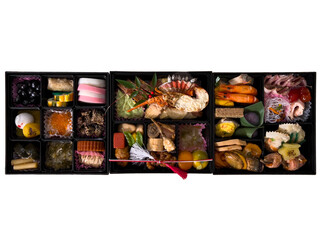 Osechi Ryori or Japanese Traditional New Year's Food on white background.