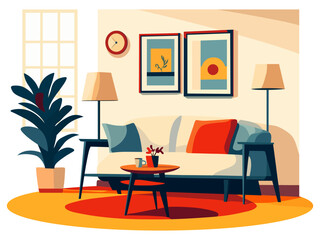 modern minimalist living room warm cool neutral vector illustration