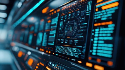 Obraz premium Advance Security Data Management Planning, Futuristic digital interface with glowing screens and complex data visualization in a high-tech environment.