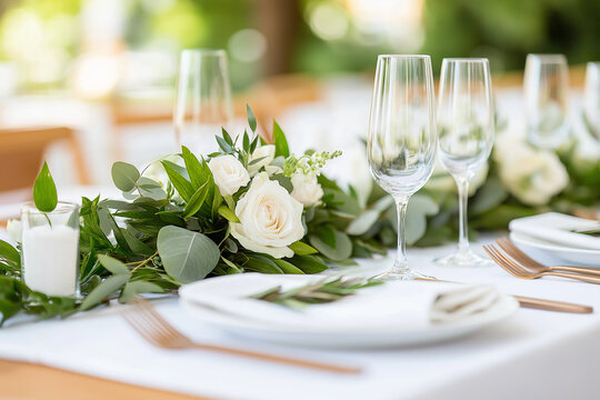A table with a white tablecloth and a floral arrangement of white flowers