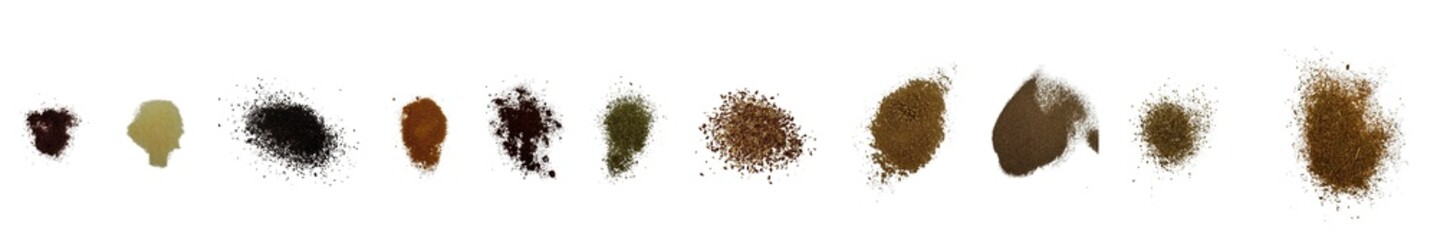 Close-up shot of 11  types of spices on white background