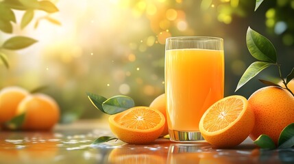 Glass of Orange Juice with Oranges and Leaves - Realistic 3D Illustration