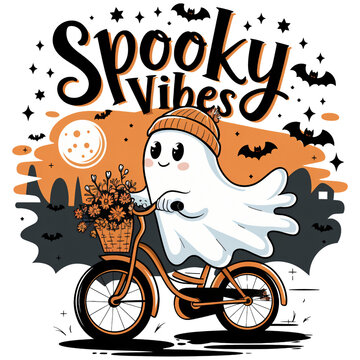 Cartoon ghost wearing a beanie riding a bicycle with a flower basket under a full moon. Halloween-themed illustration with bats, spooky typography, and autumn scenery. Halloween celebration and spooky