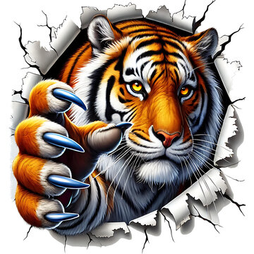 Tiger breaking through a torn wall with extended claws, intense gaze, and detailed fur. Realistic cartoon illustration on white background. Wildlife and strength concept. Design for t-shirt, poster, s