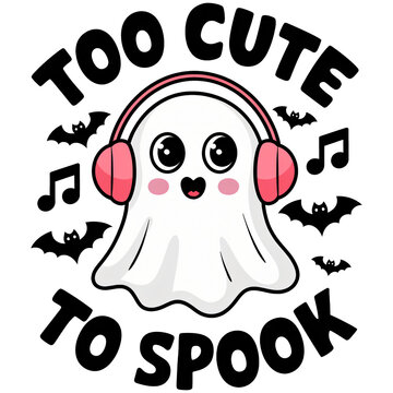 Cartoon ghost wearing pink headphones with musical notes and bats. Kawaii style illustration with 'Too Cute to Spook' text. Halloween-themed design for stickers and print.