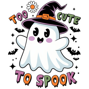 Cartoon ghost wearing a witch hat with 'Too Cute to Spook' text and bats. Kawaii-style Halloween illustration for stickers and prints.