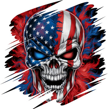 Skull with American flag design and glowing red and blue eyes surrounded by abstract red and blue flames. Digital illustration on black background. Patriotic concept for poster and print
