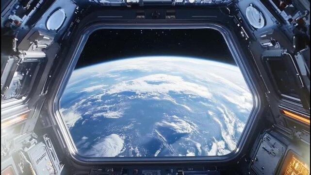 Inside a spaceship with a 3D view of space and planet ear