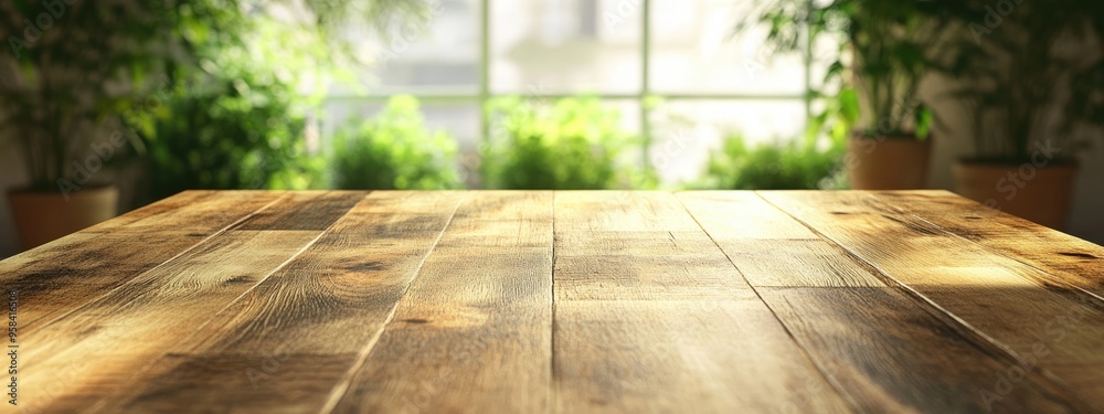 Poster close up view of a wooden table with a blurred background in 3d rendering