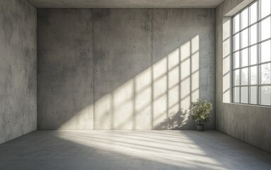 Abstract modern concrete room with sunlight streaming in from a window featuring an industrial interior design 3D rendering