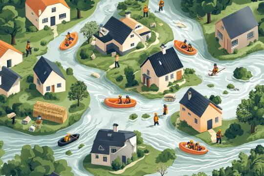 Illustration of a flood disaster in a residential village with rescue teams navigating through floodwaters in boats, showcasing emergency response efforts and community resilience during a natural
