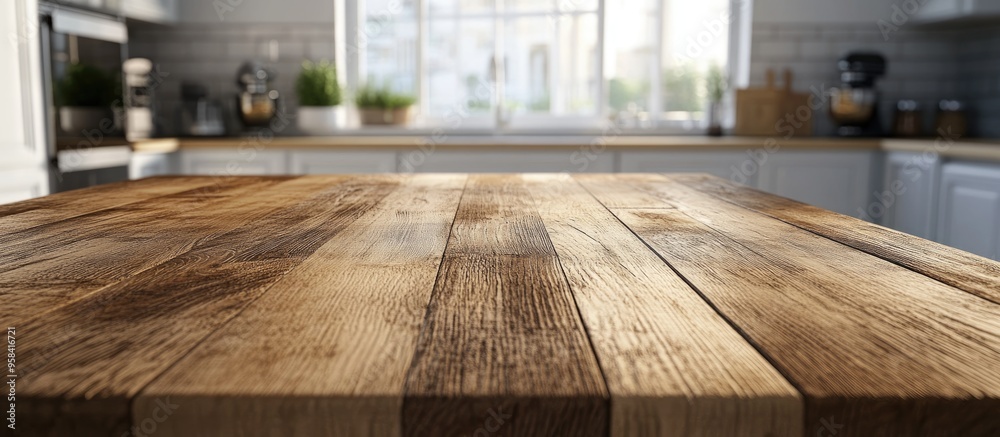 Aufkleber 3d rendering of an empty beautiful wooden table top with a blurred bokeh effect showcasing a modern 