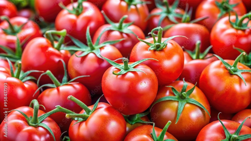 Wall mural closeup of vibrant red tomatoes with fresh green leaves at the market, tomatoes, closeup, vibrant, r