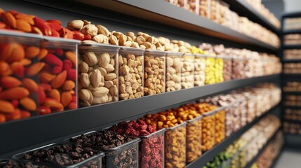 3D rendering of premium nuts and dried fruits display on a supermarket shelf