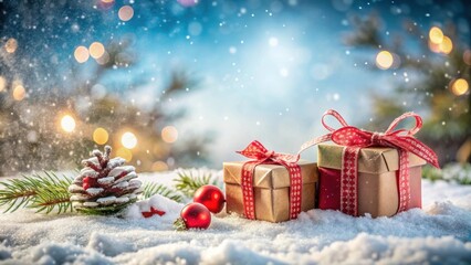 Christmas presents in the snow , winter, holiday, gift, festive, cold, seasonal, celebration, white, snowfall, wrapped, red