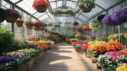 3D rendering of a greenhouse nursery featuring a diverse array of vibrant flower plants and hanging baskets