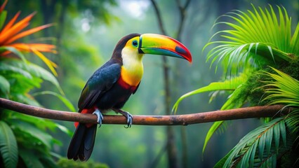 Naklejka premium Colorful toucan perched gracefully on a vibrant jungle branch, toucan, bird, colorful, exotic, tropical, wildlife, nature, branch