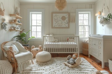 Modern Nursery A stylish nursery with a crib, a rocking chair, and a changing table. Use a soft...