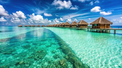 Obraz premium Crystal clear turquoise waters of Maldives with overwater bungalows, maldives, tropical, paradise, island, luxury, travel, vacation