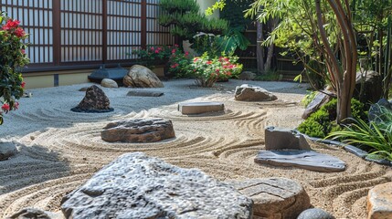 A traditional Japanese rock garden with raked gravel and large stones.
