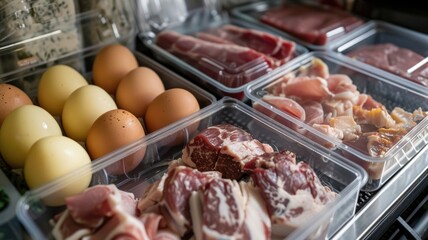 meal prep for a week of carnivore diet, with neatly organized portions of meat, eggs, and cheese, ready for consumption