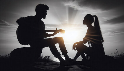 A romantic couple. A man playing guitar for his girlfriend.