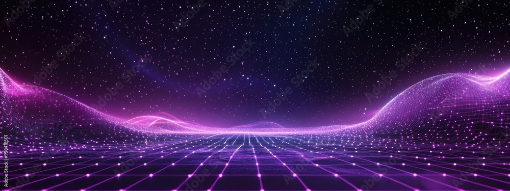 Poster Abstract ultraviolet landscape with a dark background featuring a purple cyberspace grid high tech network and violet starry outer space texture in 3D cartoon rendering