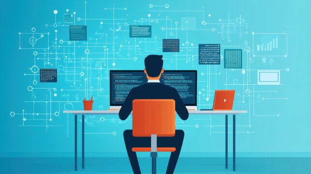 Person reading a contract, binary code replacing text, digital agreements and ethical challenges, flat design illustration
