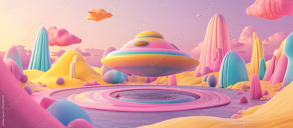 Aufkleber colorful cartoon scene featuring a humorous cosmic alien ufo created in a 3d rendering style ideal f