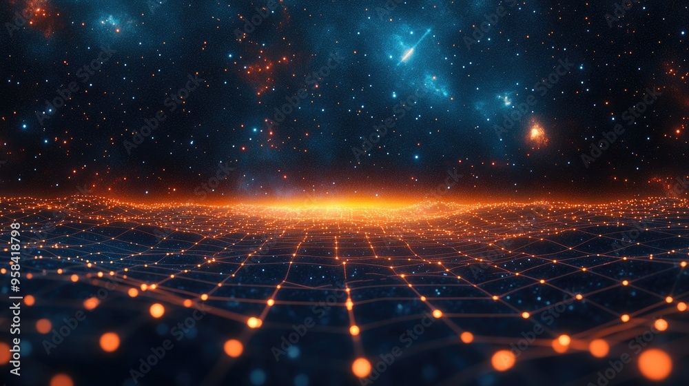 Aufkleber Abstract landscape depicted in a 3D cartoon rendering against a dark background featuring a star horizon cyberspace grid hi tech network and starry outer space texture 3D illustration