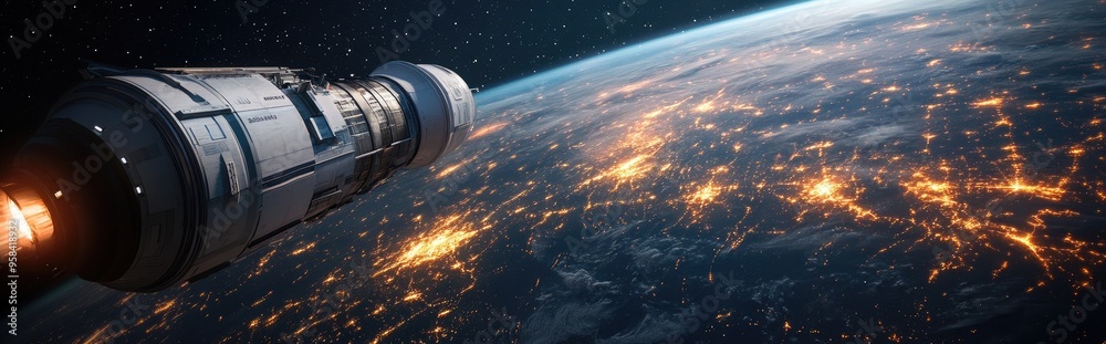 Aufkleber cargo spaceship in orbit around earth featuring city lights and space in the background rendered in 