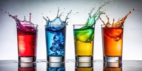 Four colorful drinks with a splash of water , drinks, colorful, beverages, splash, water, refreshment, cocktails, mixology